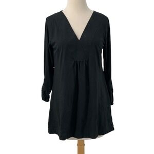 JJill Women's Black V-Neck Gathered Tunic Top Long Sleeve Roll Tab Size S